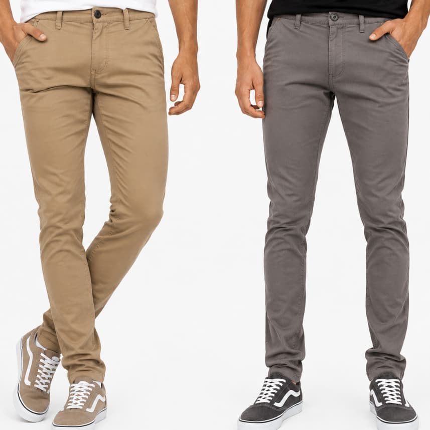 Calça sarja masculina  juvenil cinza e caqui básica com elastano ajuste interno do 10 ao 16