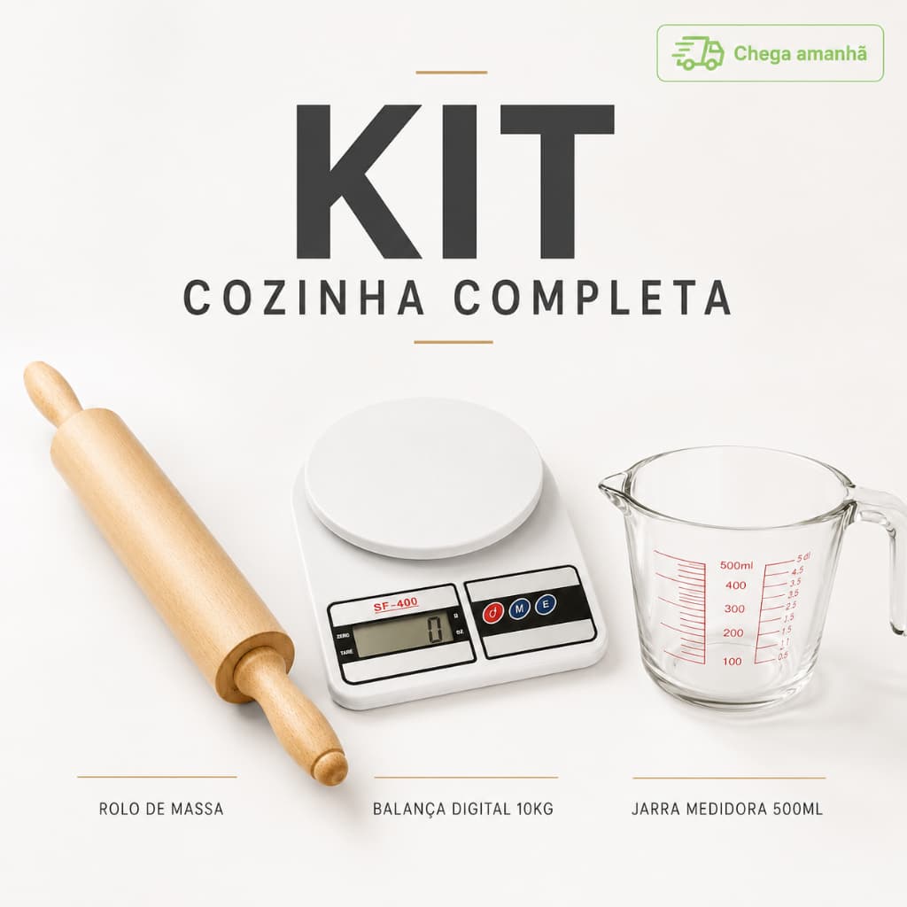 Kit Rolo de Massa De Madeira + Balança Digital De Cozinha 10 Kilos Precisa + Jarra Medidora Com Vidro Resistente