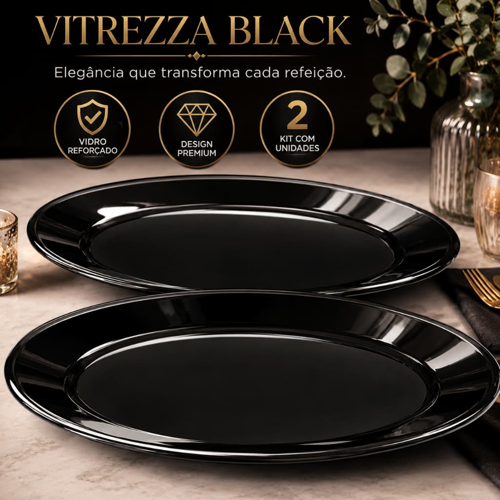 Kit 2 Pratos Ovais Vidro Reforçado 35cm Preto Premium Mesa Posta Servir Refeições