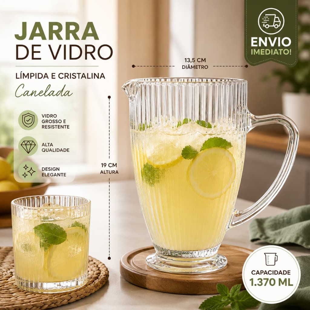 Jarra de Vidro Lapidada Versalhes 1,37L  Jarra de Sucos e Água Resistente Mesa Posta Decoração