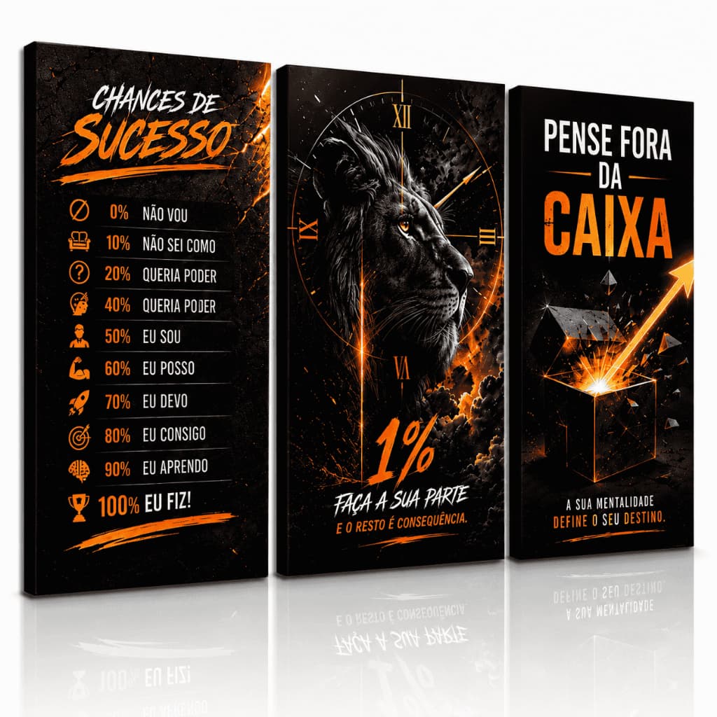 Quadros Decorativos Leão Sucesso 1% Motivacional 3 Peças Luxuoso Chamas