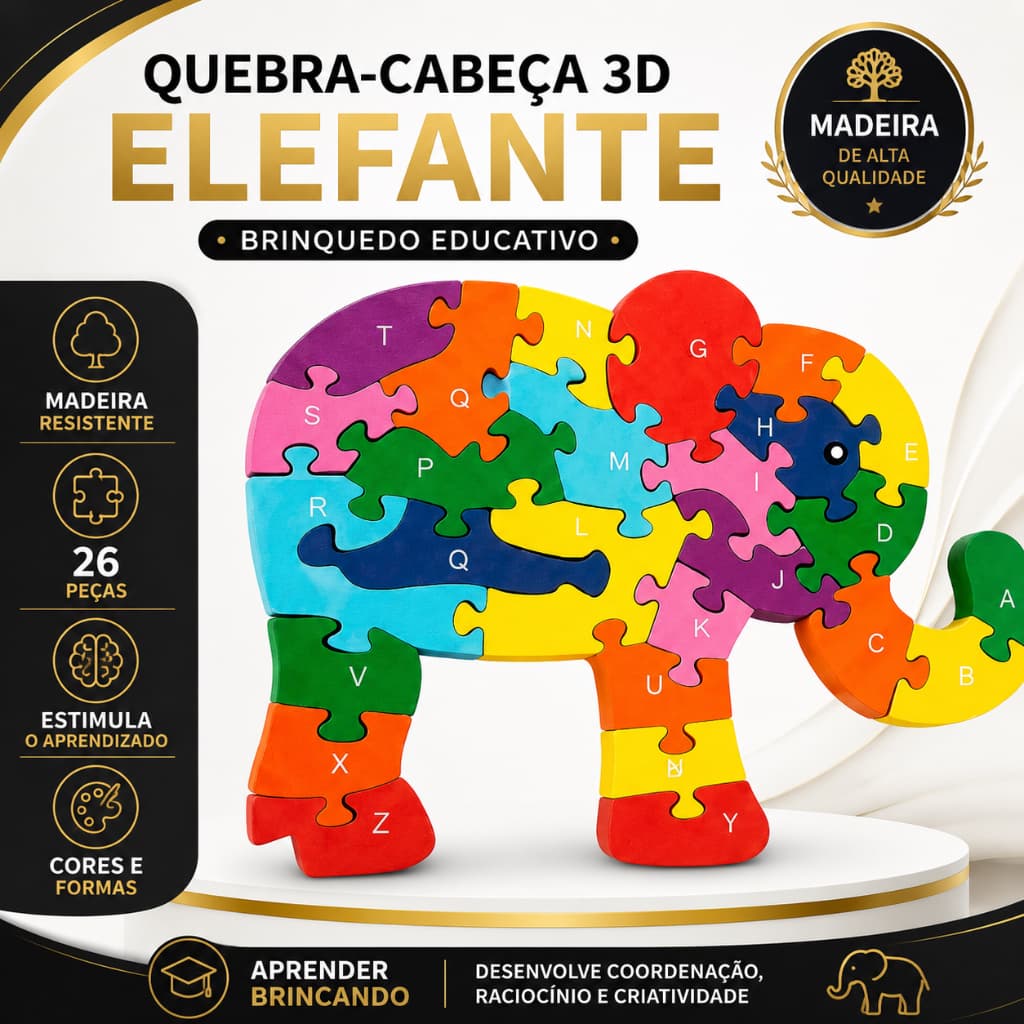 Quebra Cabeça 3D Elefante de Madeira Brinquedo Educativo Infantil para Montar Montessori Pedagógico
