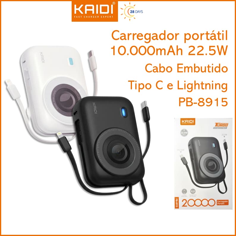 Bateria Portátil Turbo indutivo com 2 cabos embutidos 20.000mAh KAIDI PB-8915