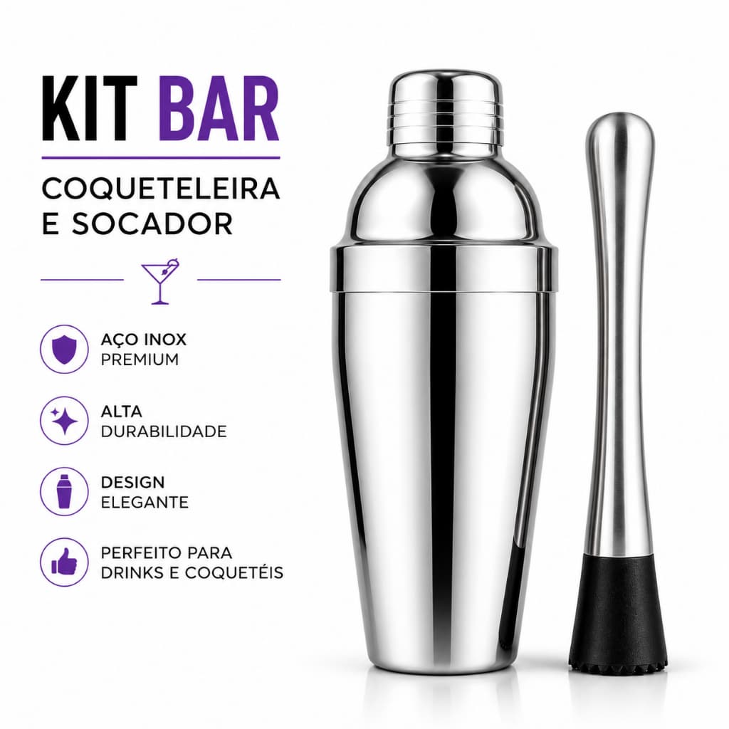 Kit Coqueteleira com Socador Inox - Drinks - Caipirinhas e Coquetéis em Casa ou Bar - Profissional