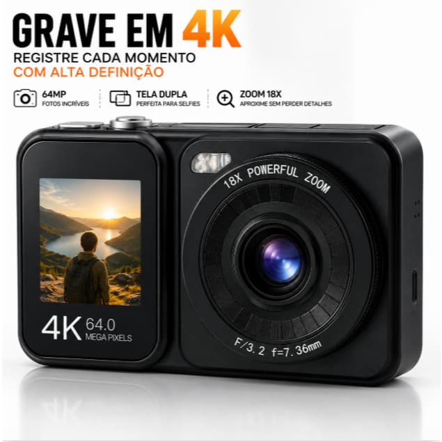 Câmera Digital 4K 64MP com Tela Dupla e Zoom 18X para Fotos, Vlogs e Viagens