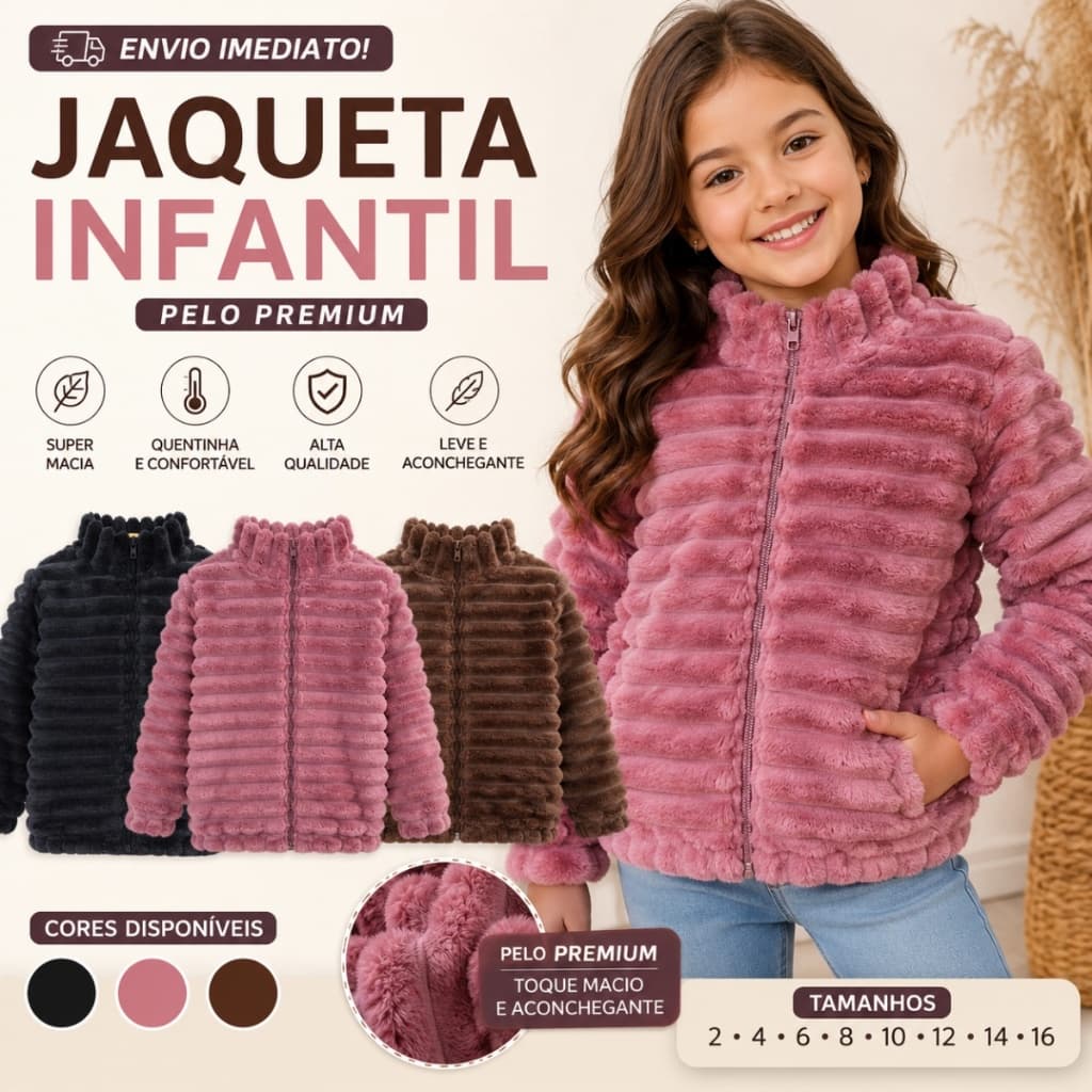 Jaqueta Infantil e Juvenil Feminina Pelúcia Quentinha Inverno Menina 2 ao 16 -  Envio Imediato