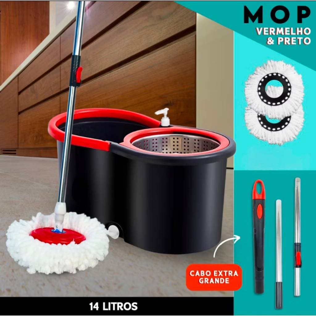 Mop Giratório 14l com Centrifugador Inox + 1 Refis com Rodinhas