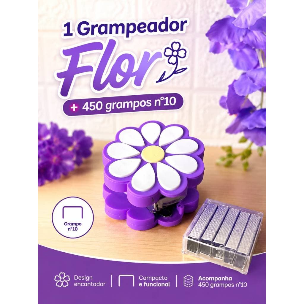 Grampeador 10 Folhas Mini Flor + 450 grampos número 10 Tilibra