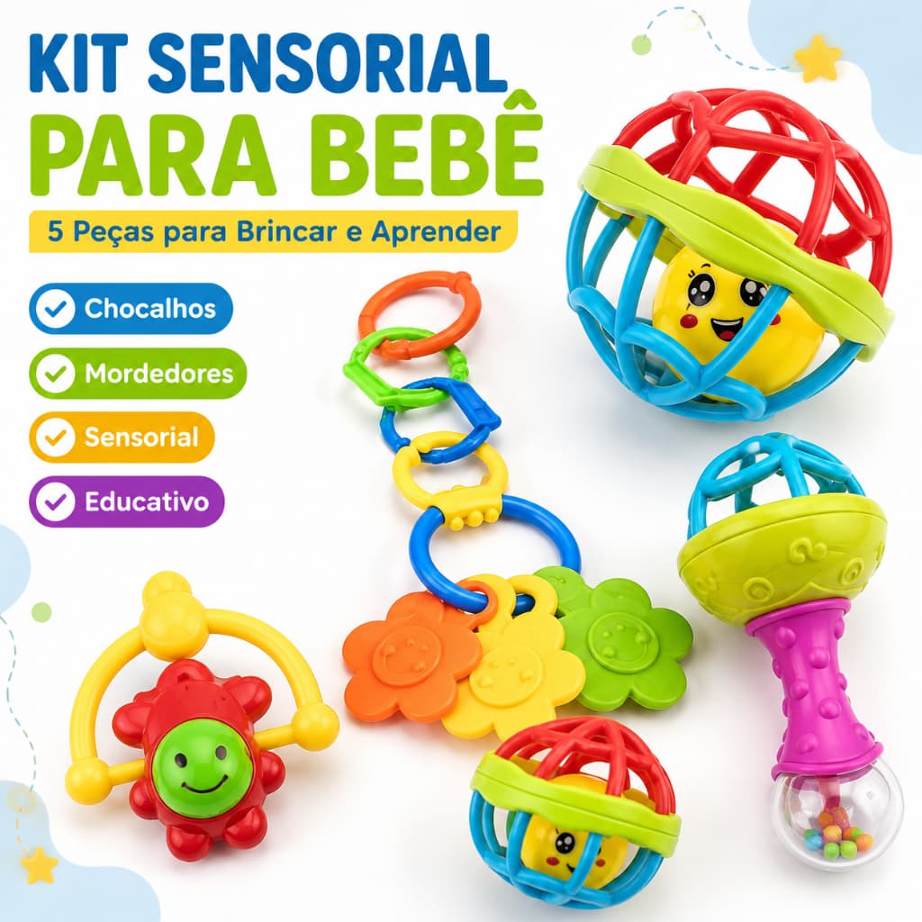 Kit Chocalhos e Mordedores Sensoriais para Bebê 8 Peças Brinquedos Educativos Coordenação Motora