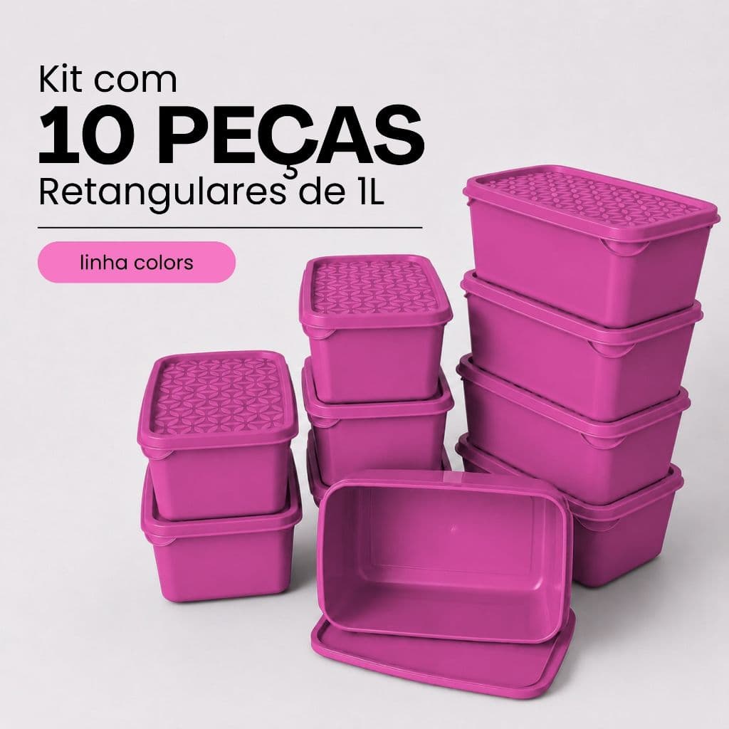 Kit 10 Potes Retangulares Marmitas de 1 Litro - Linha COLORS - Recipiente Para Armazenar Alimentos