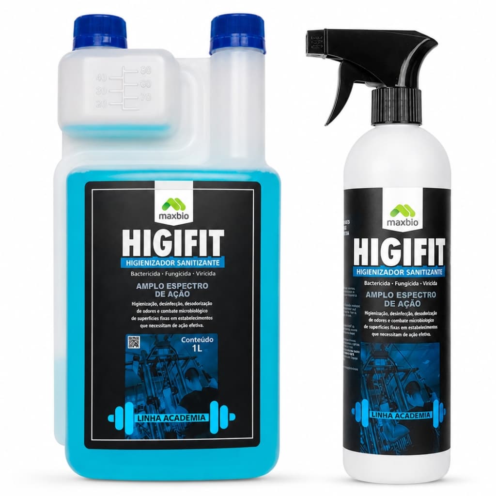Kit Higifit 1L Limpeza Academia Higienizador Sanitizante Bactericida Maxbio