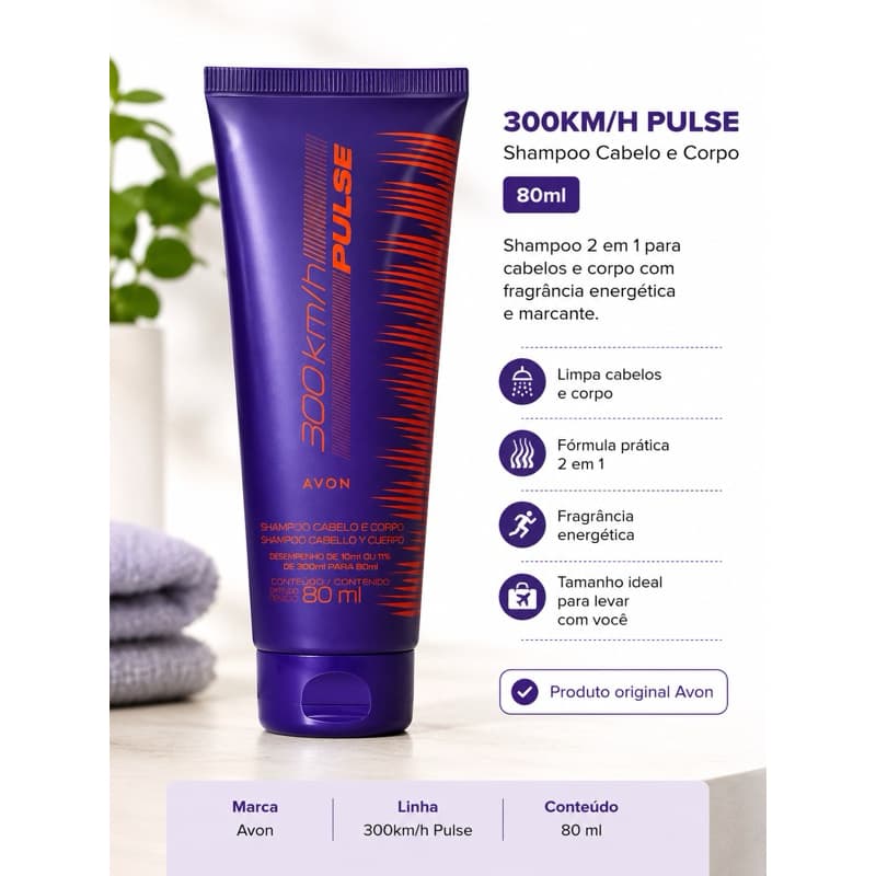 Shampoo Cabelo e Corpo Avon 300 km/h Pulse 80ml Masculino Original