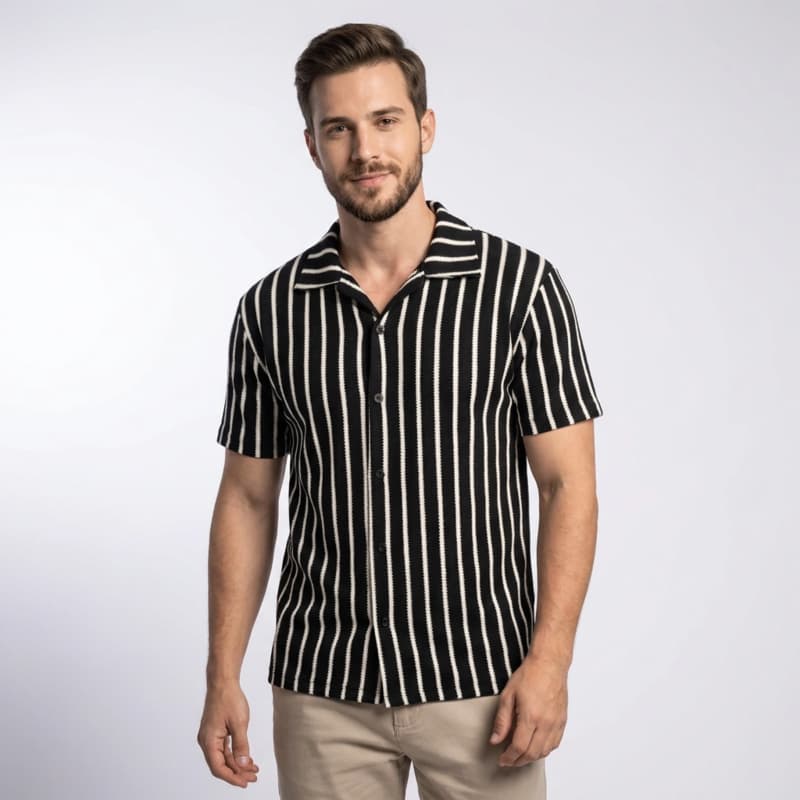 Camisa Masculina Texturizada Manga Curta Casual Premium Confortável Slim