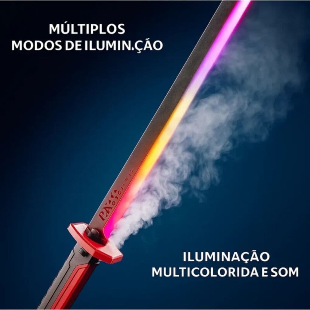 Espada Katana Samurai Com LED RGB E Fumaça Com Efeitos Sonoros E Carregamento Tipo C Para Crianças