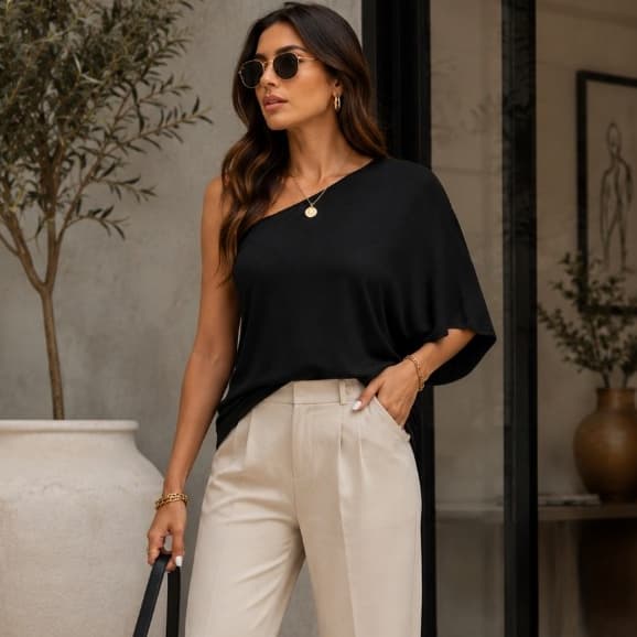 Blusa Feminina Um Ombro Só Manga Morcego Crepe Duna Soltinha Elegante Casual Moda