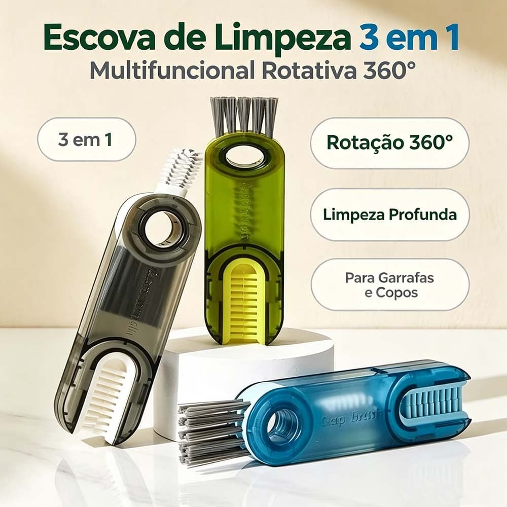 Escova de Limpeza 3 em 1 Rotativa 360° Multifuncional Para Garrafas Copos Mamadeiras e Canecas