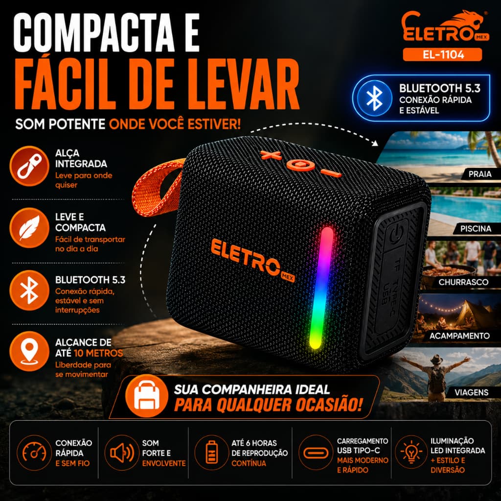 Caixa de Som Bluetooth Portátil 30W LED Prova DÁgua IPX4 Com Alça Rádio FM USB Tipo C