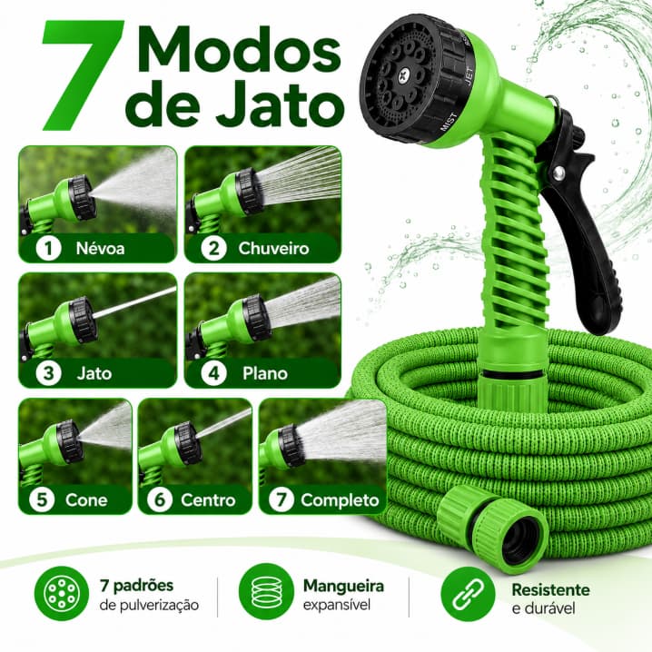 Mangueira Expansível com Esguicho 7 Modos para Jardim, Lavagem de Carro e Limpeza de Quintal