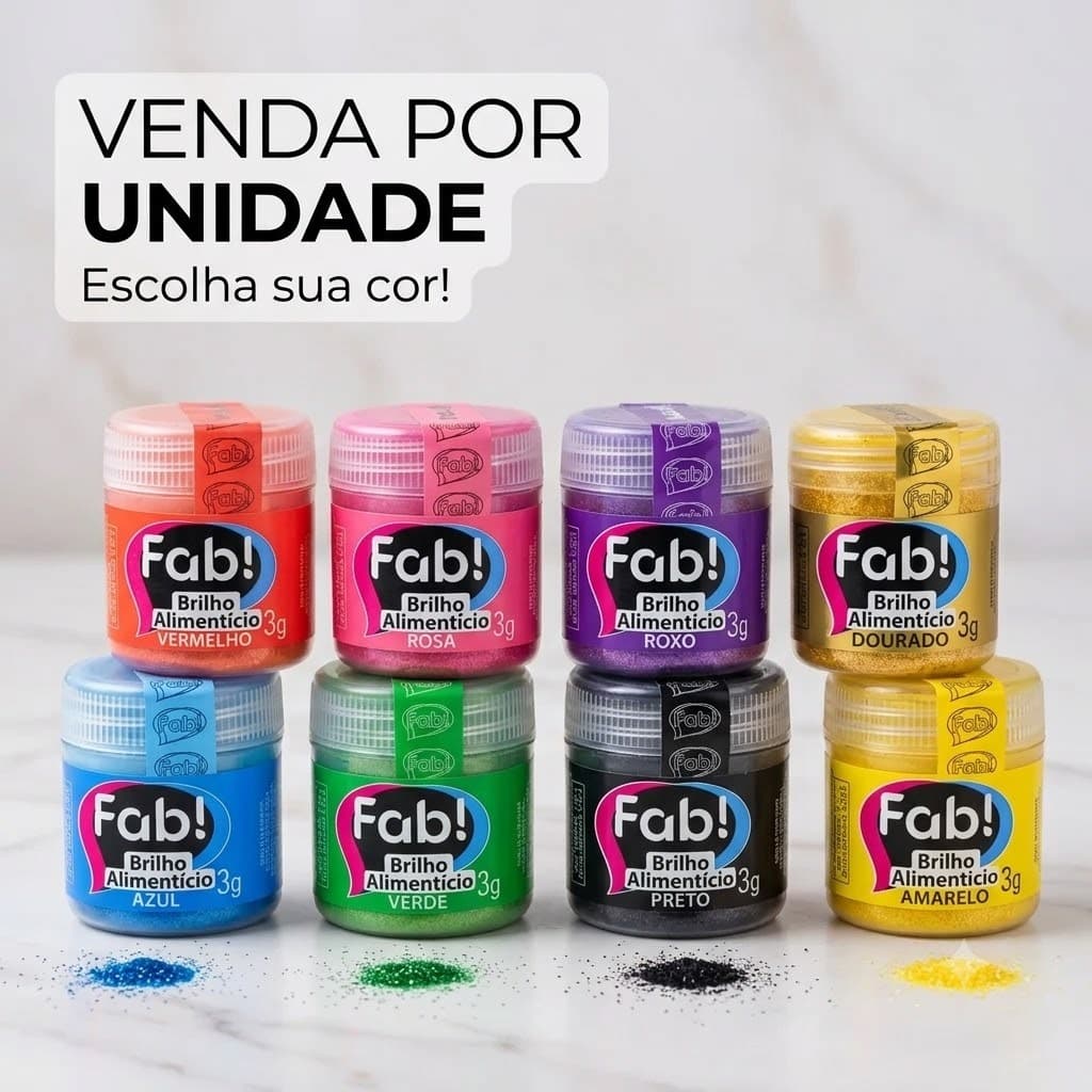 BRILHO ALIMENTICIO FAB - ESCOLHER COR 3G - BOLOS/ TORTAS E DOCES.