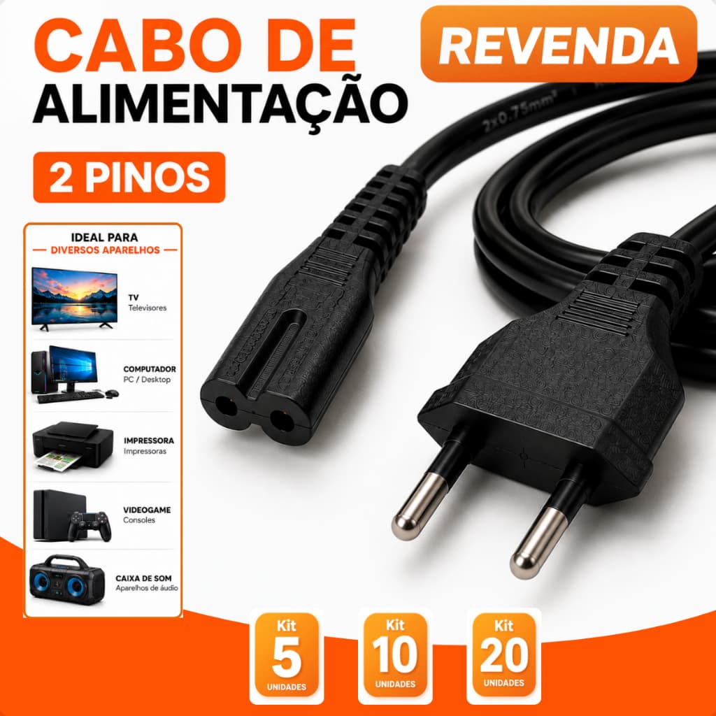 Kit Cabo de Energia Força Bipolar 2 Pinos Universal 1,5m Atacado Revenda