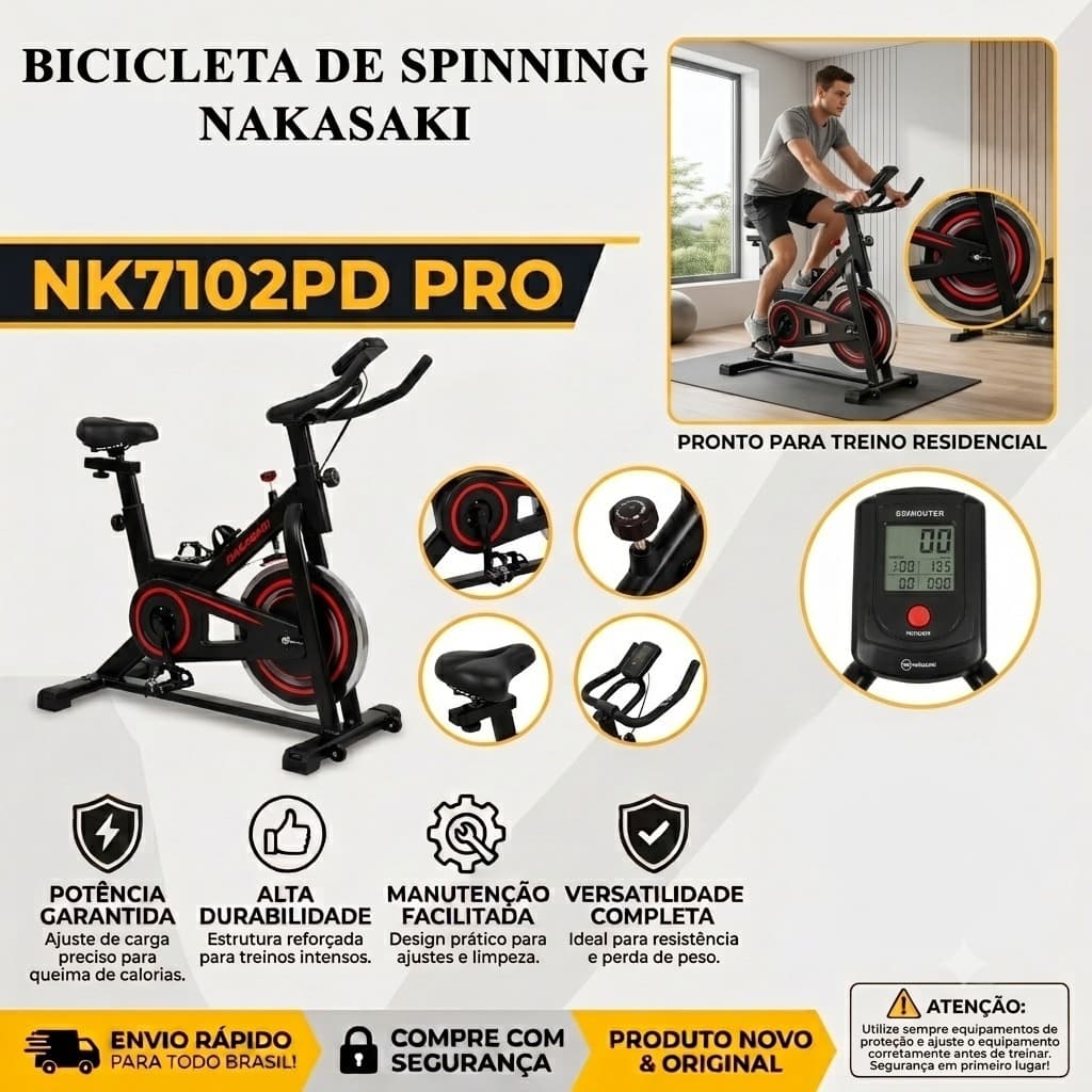 Bicicleta de Spinning Nakasaki NK7102PD PRO Monitor Digital Regulável Até 120kg