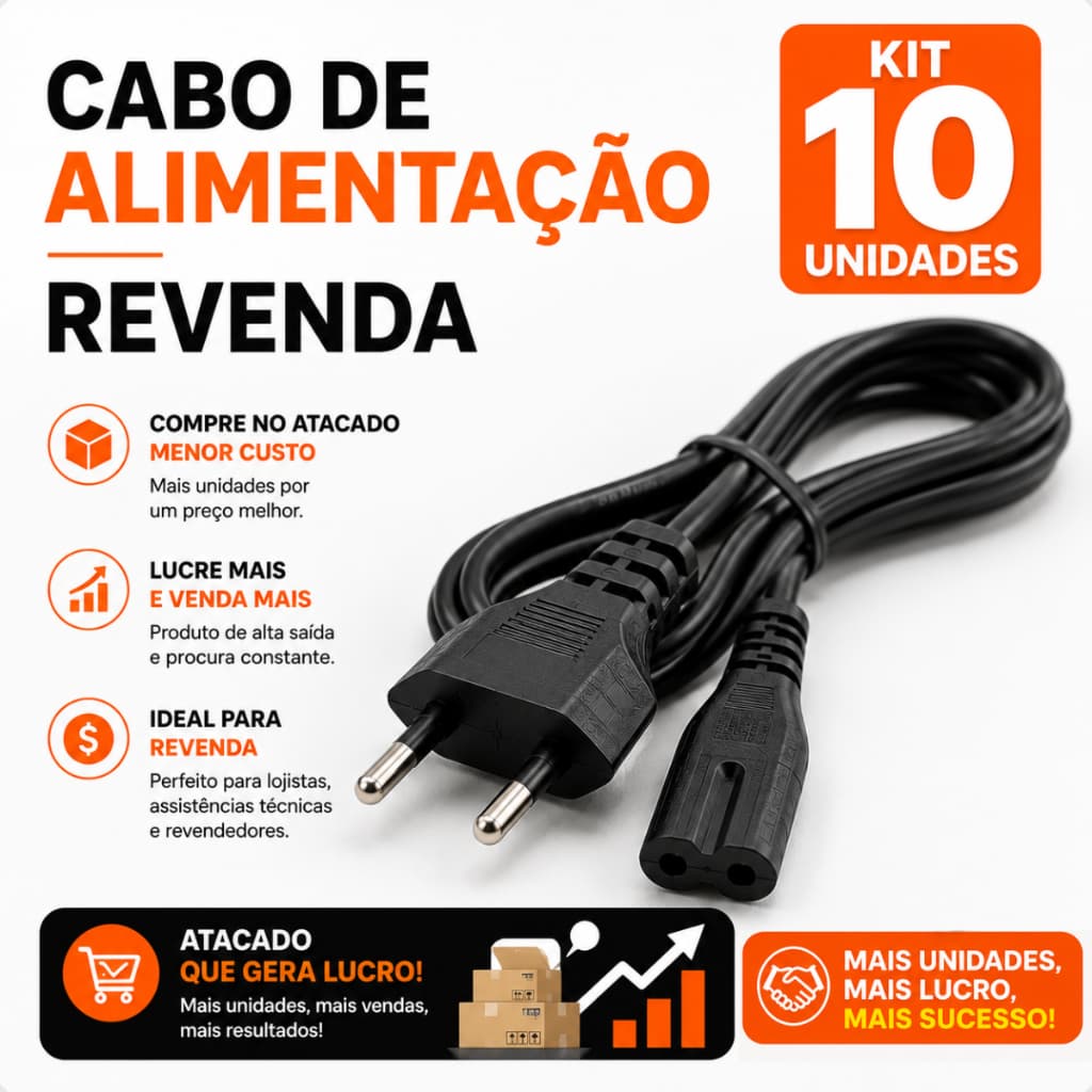 Kit 10 Cabos de Força Energia Bipolar Para TV, Impressora, Radio, PS3, PS4, Aparelho de Som Bluetoothh