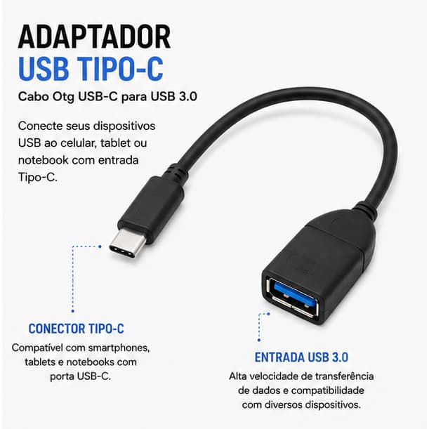 Cabo Adaptador OTG Fêmea Type C Type C Usb 3.0 Pen Drive Mouse Teclado