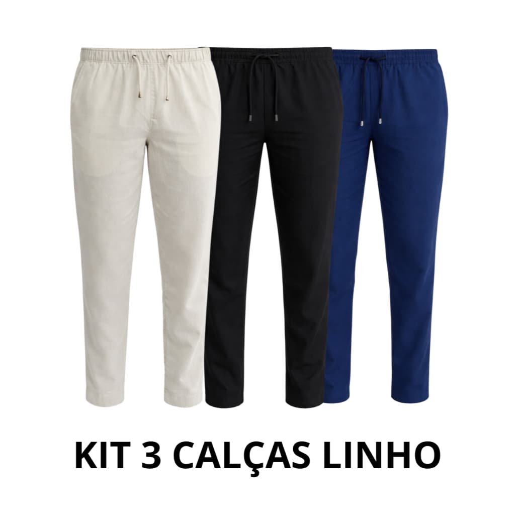 3 CALÇAS DE LINHO PREMIUM MASCULINA PROMOÇAO VERAO PRAIA REVEILLON CASUAL ALFAIATARIA BEGE CRU PRETA
