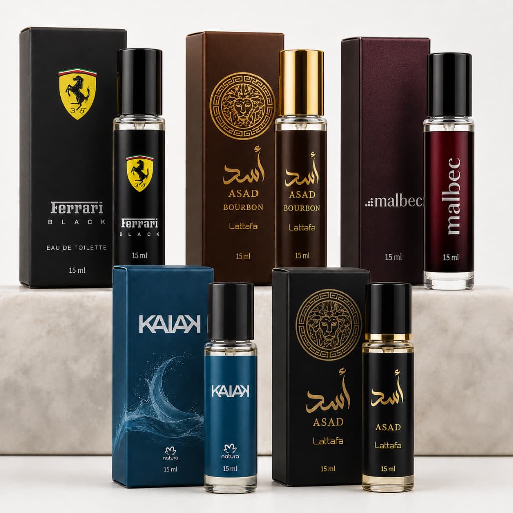 Combo Até 5 Perfumes Masculinos 15ml Ferrari Black Malbec Kaiak Asad Bourbon Lattafa Alta Fixação