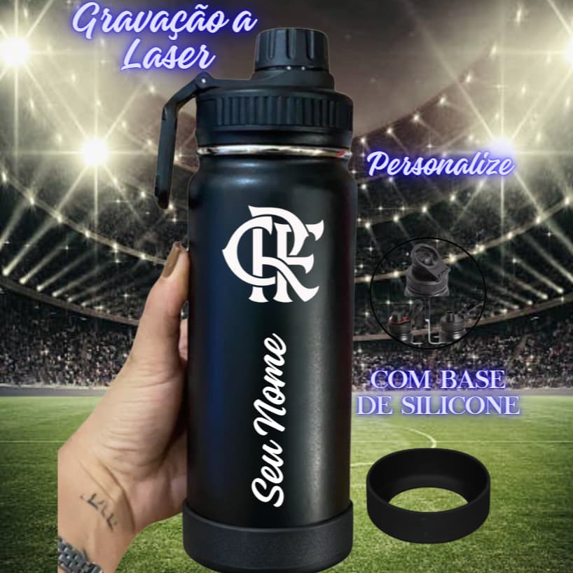 Garrafa Termica Personalizada Com base de Silicone, aço Inox para Academia, Escola, Trabalho 800ml