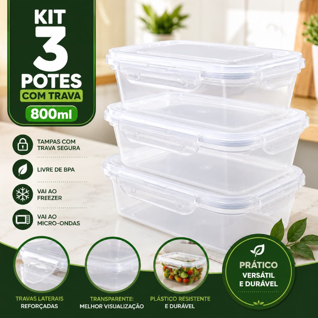 Potes Herméticos 800ml com Trava Kit Marmitas Organizador de Alimentos Freezer Cozinha BPA Free