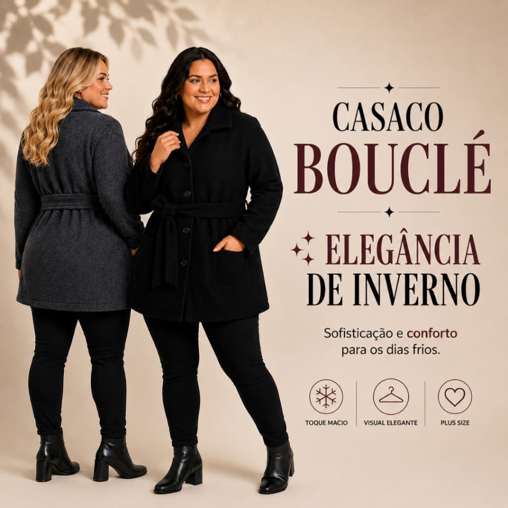 Sobretudo Plus Size Feminino Casaco Bouclé Peluciado Elegante com Bolsos Funcionais