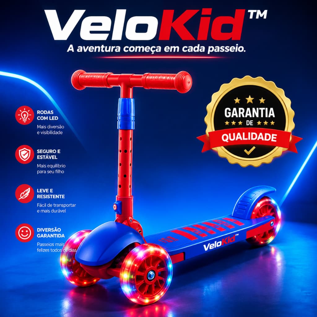Patinete Infantil 3 Rodas VeloKid™Pro com Luzes LED Antiderrapante Seguro Resistente para Meninos e Meninas