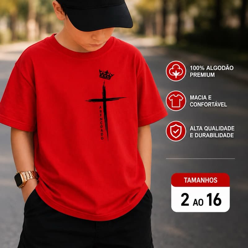 Camiseta Infantil Juvenil Camisa 100% Algodão Premium Criança Personalizada Unissex Camisa Cruz Abençoado