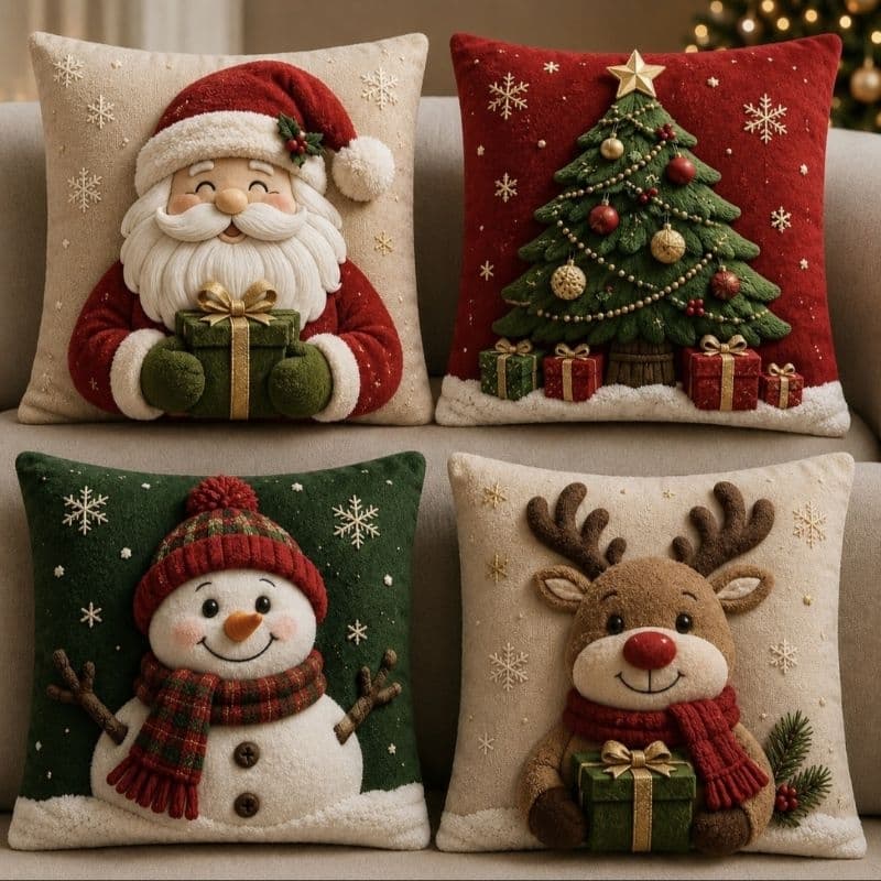 Kit com 4 Capas de Almofada de Natal 45x45 cm – Estampas Natalinas