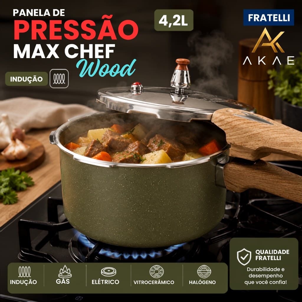 Panela de Pressão Max Chef Wood Indução 4,2L – Revestimento Cerâmico Compatível com Todos os Fogões