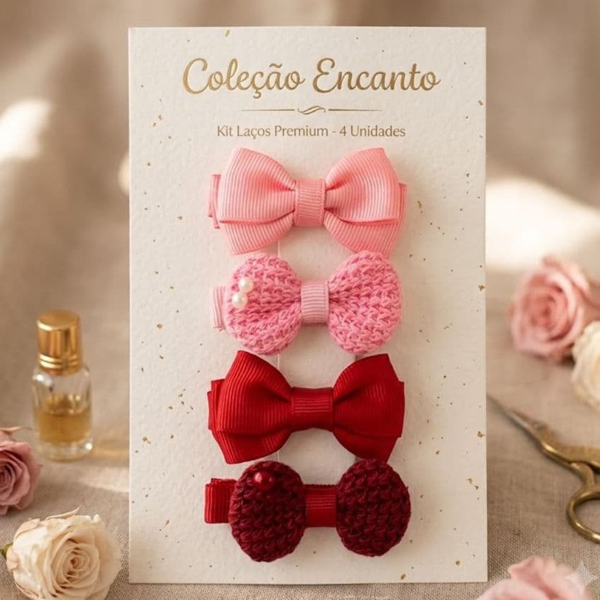 Kit 4 Mini Laços Bebê com Presilha/Bico de Pato e Borracha Antideslizante