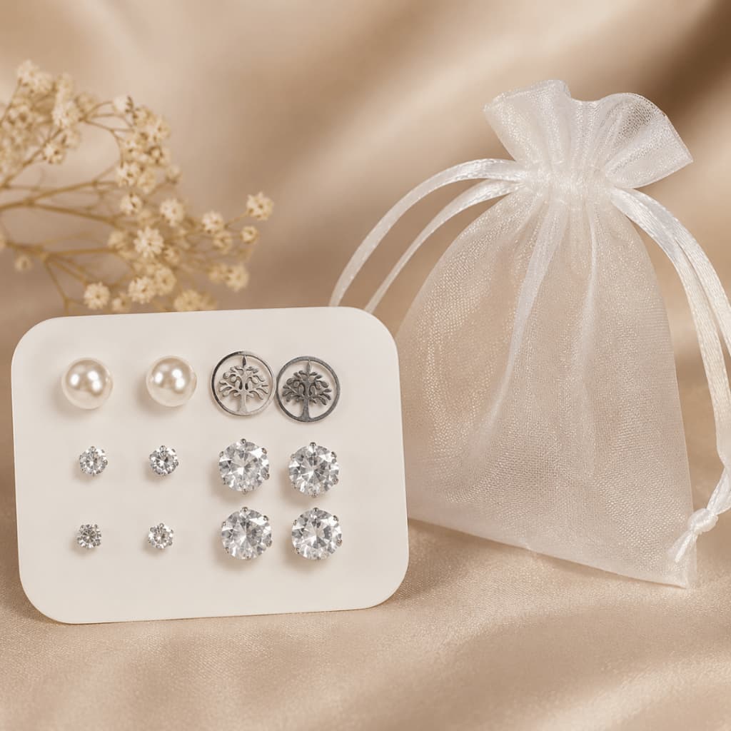 Kit 6 Pares Brincos Pequenos Delicados Clássicos Aço Inox - Pérola Zircônia Árvore da Vida