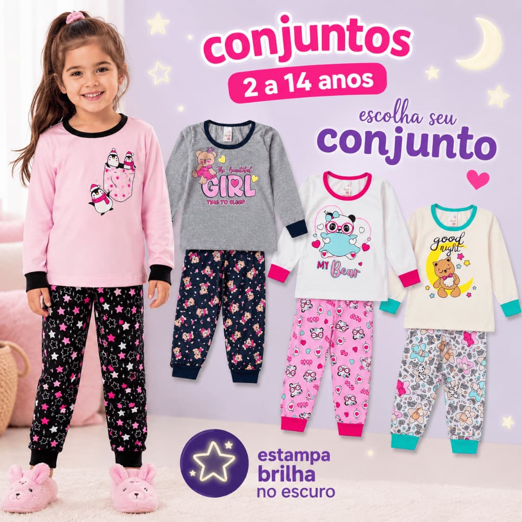 2 Peças Pijama Infantil Menina Inverno 2 a 14 anos Roupa de Dormir Manga Longa - 1 Blusa e 1 Calça