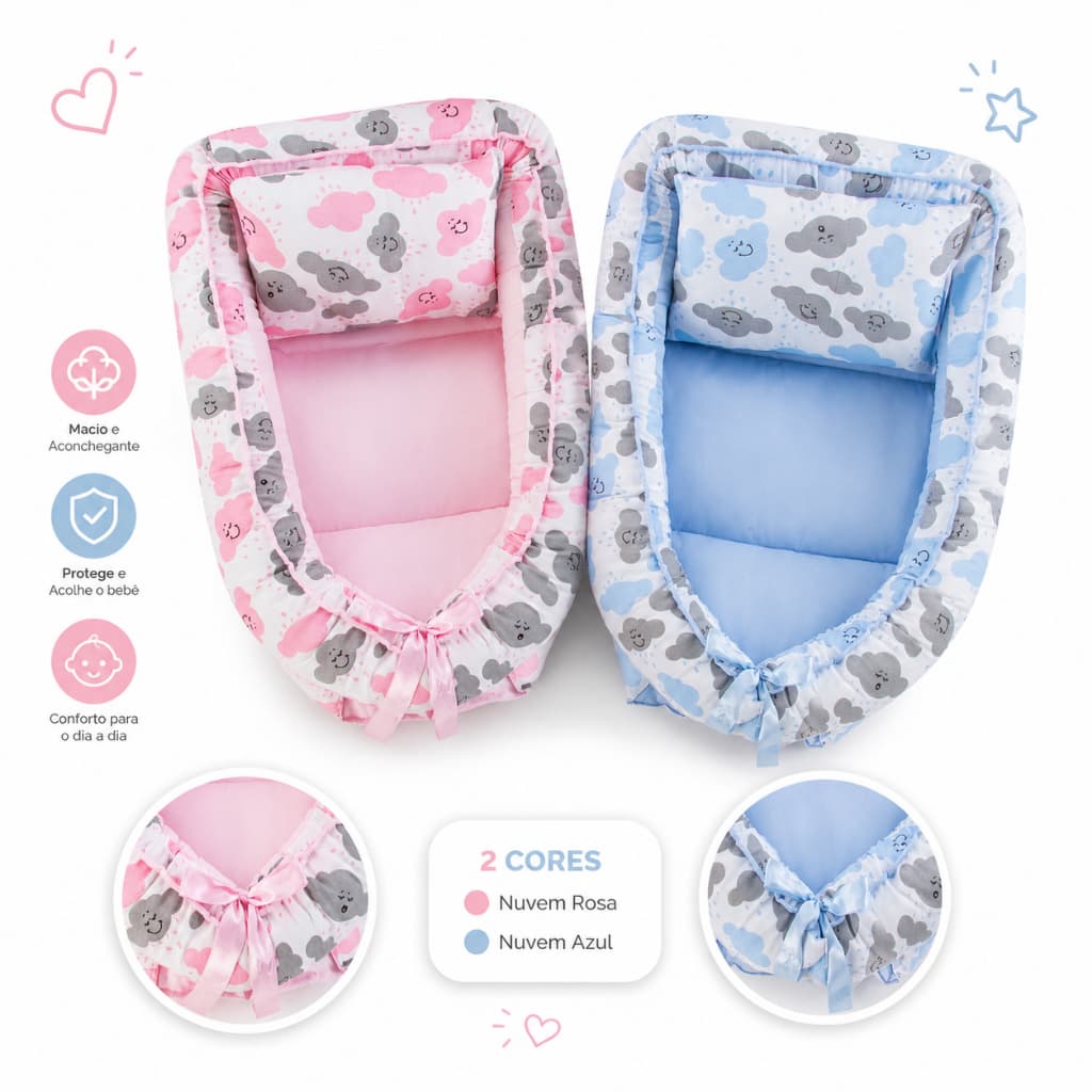 Ninho Redutor de Berço Bebê com Almofada Estampa Nuvem Rosa ou Azul Confortável