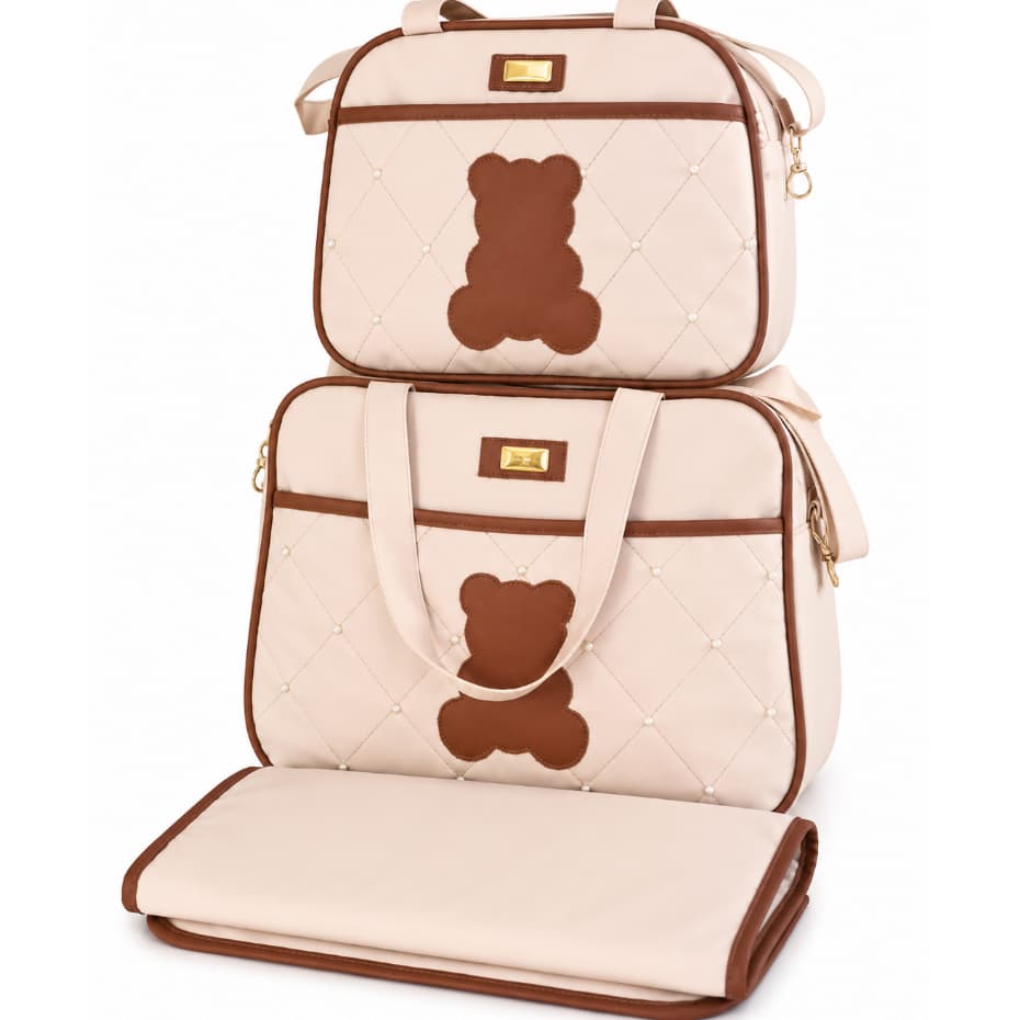 Bolsa Maternidade Menino e Menina Kit 3 Peças Trocador Conjunto Mamãe Bebê Bolsas Mala Saída Maternidade C/ Detalhe Urso