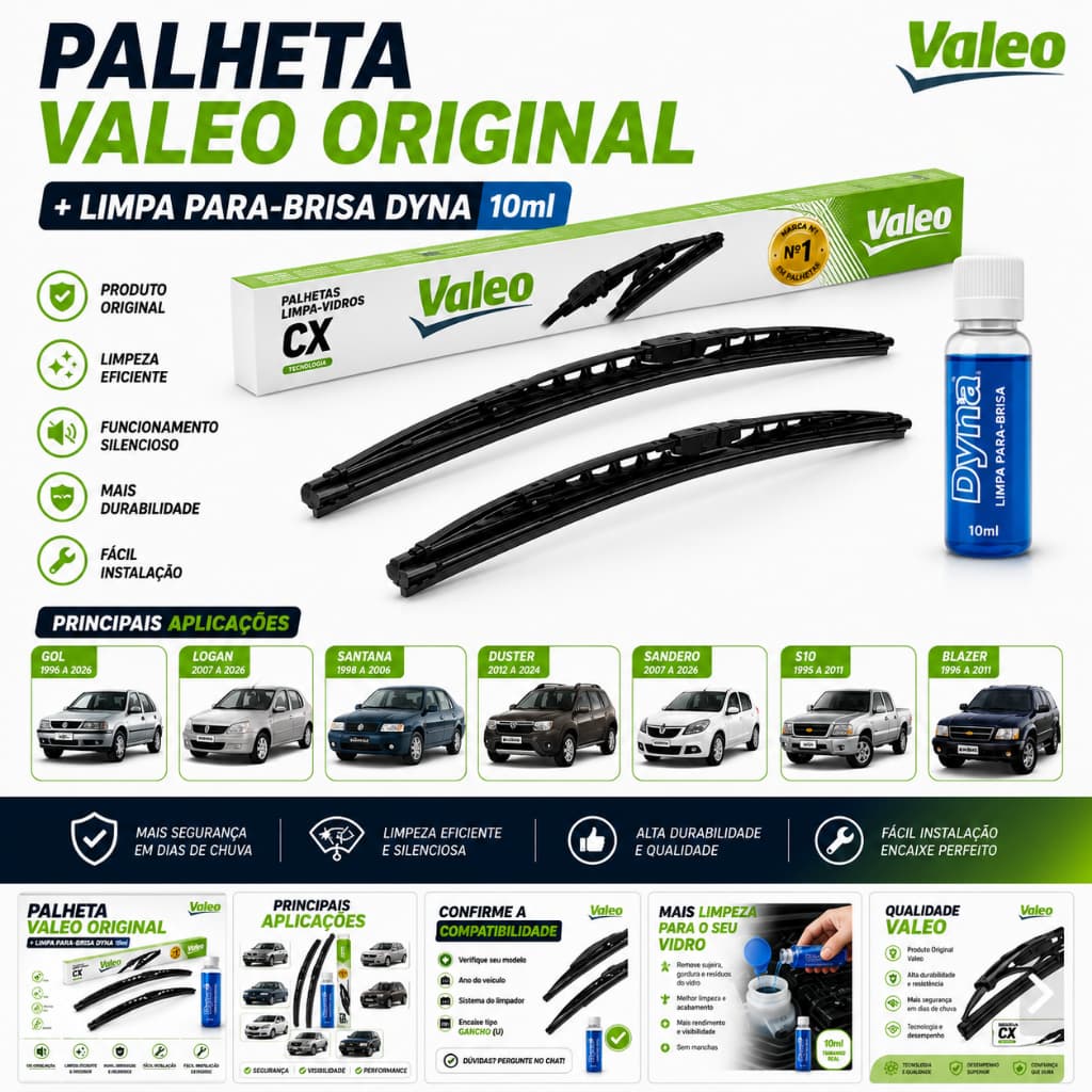 Par Palheta Limpador Parabrisa Valeo + Limpa Parabrisa Dyna Duster Sandero Logan S10 Blazer Gol Santana Original