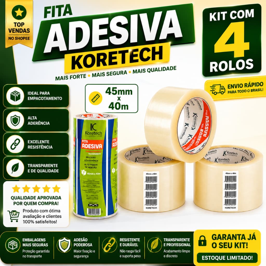 Kit 4 Rolos Fita Adesiva Transparente Koretech 45mm x 40m para Embalagem Alta Resistência