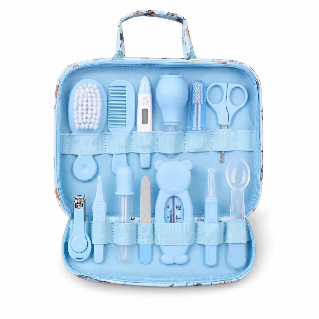 Kit de Higiene e Cuidados para Bebê com 13 Peças e Estojo, Azul ou Rosa