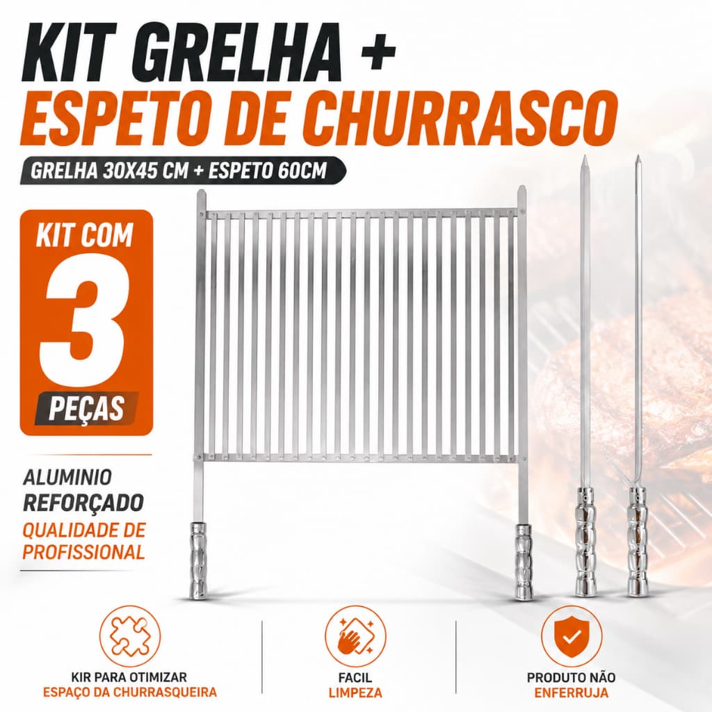 Kit Grelha Churrasco 30x45cm + 2 Espetos 60cm DUPLO OU ESPADA em alumínio