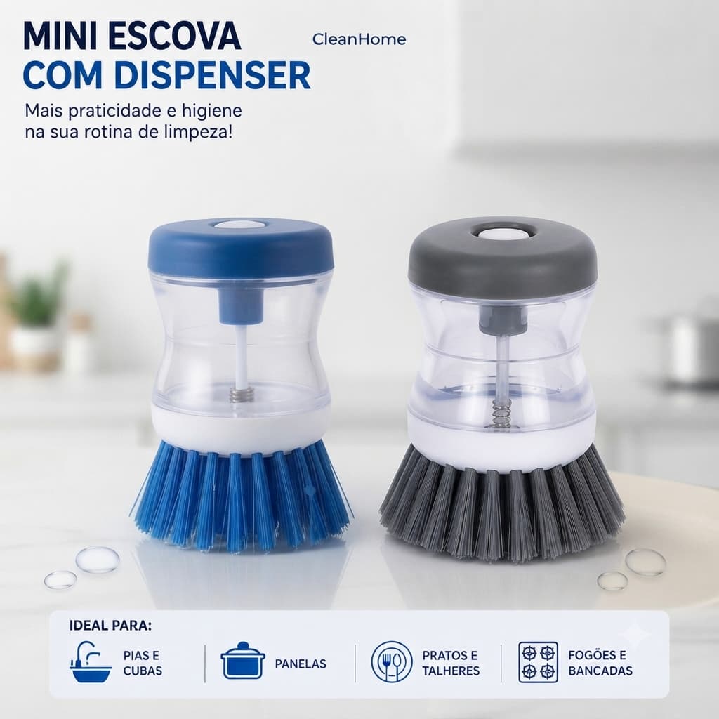 2 ou 1 Mini Escova (s) com Dispenser de Detergente Sabão Liquido Limpeza Multiuso - Lava Louças Panelas Pias Talheres