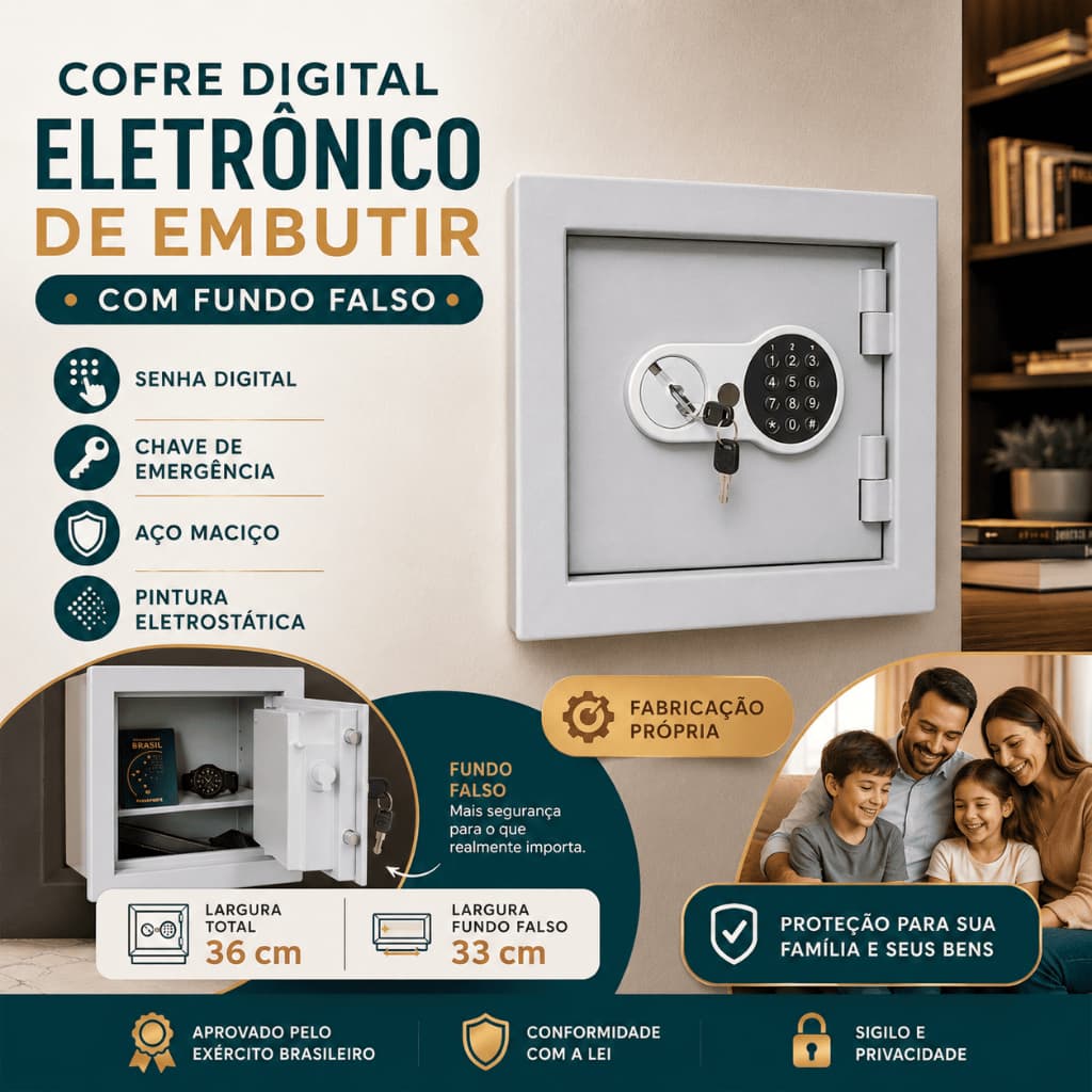 Cofre Digital Eletronico De Embutir Com Fundo Falso Resistente Blindado Fortificado Protegido
