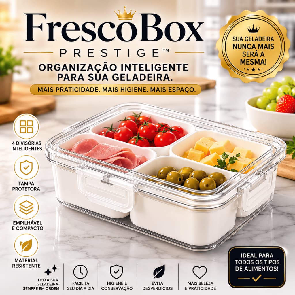 Organizador de Geladeira com Tampa 4 Divisórias Petisqueira Multiuso Caixa Organizadora Plástico Transparente para Frios