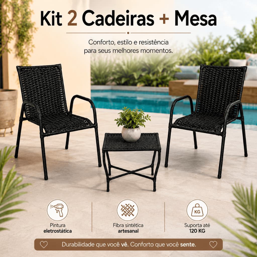 Cadeira Junco para Varanda Sacada Área Externa Churrasco Jardim Gourmet Conjunto + Mesa