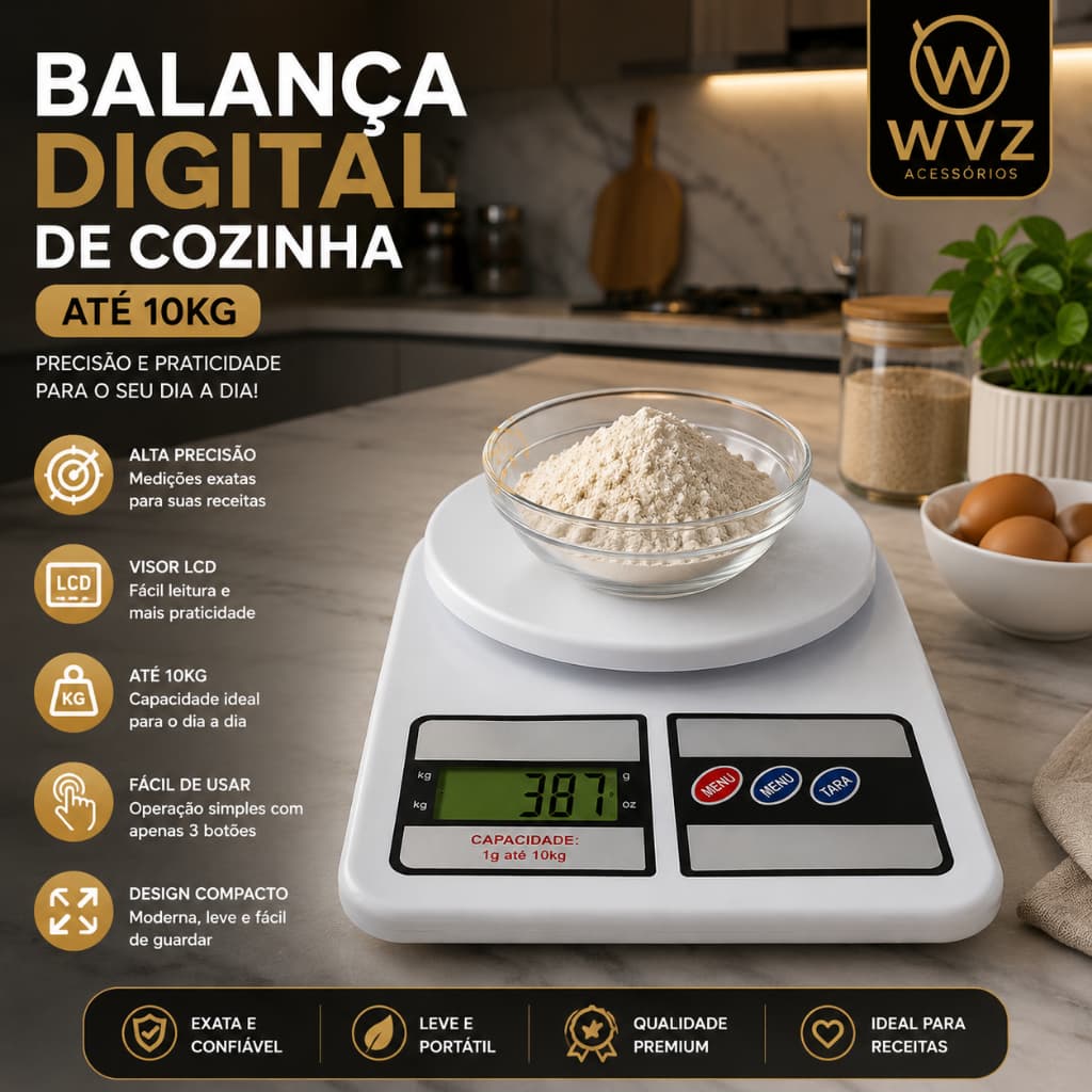 Balança Digital Cozinha 10Kg Alta Precisão LCD Função Tara Culinária Dieta Branca ⚖️🥣